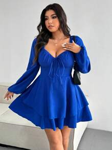 Celure Vestido elegante de talla grande de unicolor con lazo delantero y dobladillo de doble capa