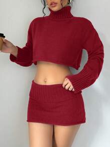 Chiquease 女士高领纯色长袖短款针织毛衣和针织中裙两件套，休闲秋冬新年服装 - 紅色 - 查看 3