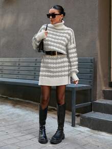 SHEIN Cottnline Knitwear Oversize Dress With Wavy Knit Pattern - Light Grey - View 3