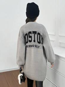 Tween Girl 休闲文字标语 BONSTON 印花宽松落肩泡泡袖后背印花口袋针织开衫，适合秋冬休闲搭配 - 淺灰色 - 查看 5