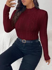 SHEIN Frenchy Plus Size Casual Cable Knit Textured Slim Fit Turtleneck Sweater, Winter - Burgundy - View 5