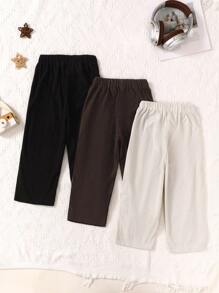 SHEIN Genkimix Kids 3件套女童白色、棕色、黑色休闲舒适长裤，松紧腰带饰有蝴蝶结，天鹅绒面料，直筒裤型，适合春秋季穿着