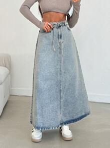 SHEIN Cottnline Low Waist Tinted Front Slit Denim Skirt - Medium Wash - View 6
