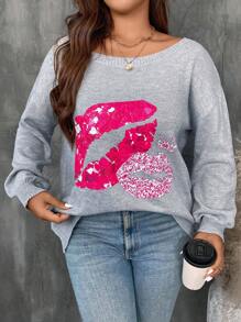 SHEIN LUNE Plus Size Women Black Boat Neck Long Sleeve Lip Print Casual Pullover Sweater For Autumn