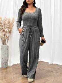 SHEIN Frenchy Set de 2 piezas de body acanalado gris y pantalones, conjunto de entrenamiento cómodo, chándal, estilo informal, body de manga larga y pantalones de pierna ancha, esenciales básicos de otoño e invierno, pantalones holgados, manga larga, ropa de invierno
