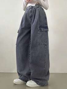 DAZY Women's Wide Leg Loose Casual Distressed Cargo Denim Jeans - Grey - View 6