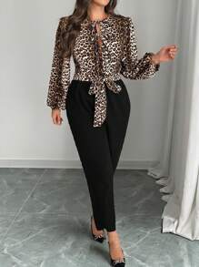 SHEIN Frenchy Plus Size Women Elegant Leopard Print Lantern Sleeve Twist Front Tie Waist Jumpsuit, Spring/Autumn - Multicolor - View 2