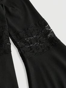 ROMWE Goth 哥特式蕾丝收腰不对称下摆喇叭袖女式衬衫，情人节 - 黑色 - 查看 5