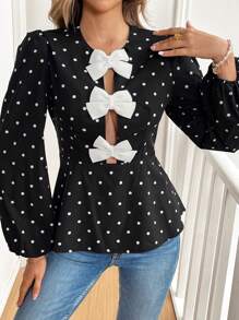 SHEIN Frenchy Women's Bow Decor Simple Long Sleeve Polka Dot Shirt, Casual Everyday Wear,Women Costumes,Women's Casual Long Sleeve With Front Bow,Women Costumes,Fall,Commute,Minimalist,Office,Old Money