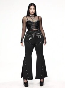 Whyspr Dark Punk Goth Style Niche Fashion Design Chic New Versatile Splicing Eyelet Lace-Up Black Flared Pants For Women - Black - View 4