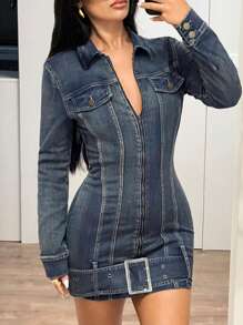 SHEIN ICON Damska, modna, swobodna, zapinana na zamek mini sukienka jeansowa, jesień