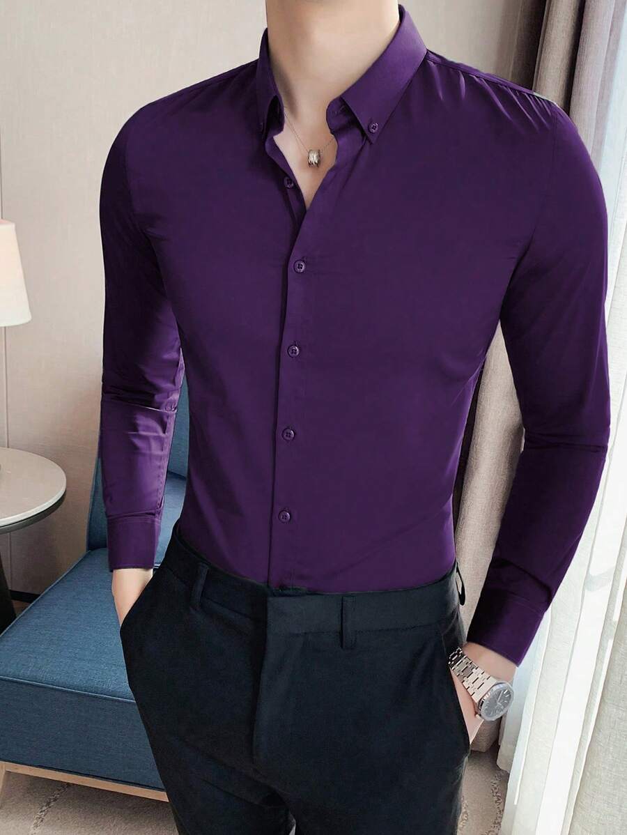 Calvornis Men Simple Button Up Dark Purple Dress Shirt, Fall