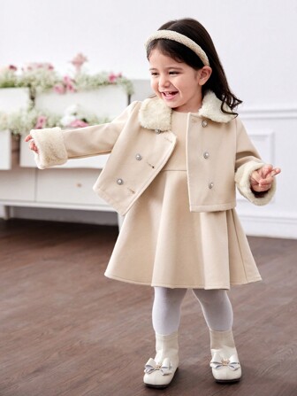 SHEIN Set da 2 pezzi di abbigliamento per bambina: Cappotto reversibile con colletto di pelliccia e cintura + Abito smanicato con collo tondo