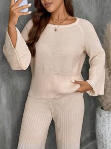 EMERY ROSE Conjunto de punto de 2 piezas talla grande compuesto por un jersey casual de escote de barco y mangas de murciélago en color albaricoque talla grande pantalón de pierna ancha, para otoño e invierno