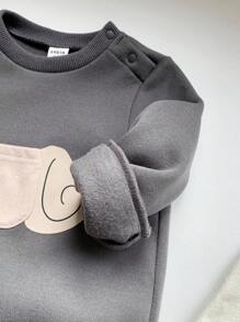SHEIN Leap Crew Bộ đồ liền thân dài tay dệt kim mềm mại cổ tròn in hình voi dễ thương cho bé trai/bé gái màu xám dày, thích hợp mặc ở nhà, đi chơi, đa năng và thời trang cho mùa thu/đông - Xám - Xem 7