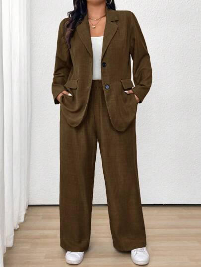SHEIN LUNE Plus Size Women Solid Color Lapel Collar Long Sleeve Casual Suit Set With Jacket And Pants, Autumn Graduation,Back To School,Teacher Outfits For Women Fall Cloth For Women Winter