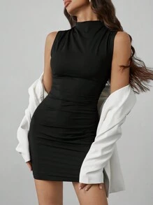SHEIN Tall Solid Color Pleated Bodycon Sleeveless Dress - Black - View 7