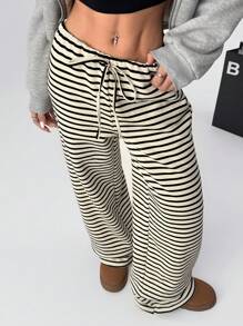 SHEIN EZwear 女式条纹直筒宽松休闲裤，腰部抽绳，保暖内衬 - 黑與白 - 查看 5