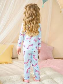 SHEIN 2pcs Baby Girls Rainbow Bear Print Snug Fit Long Sleeve Top And Leggings Loungewear Set, Fashionable & Cute - Multicolor - View 2