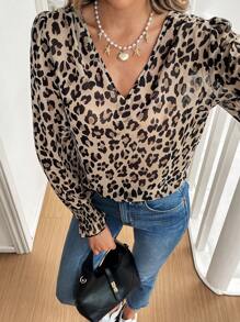 SHEIN Frenchy 1pc Women Casual Leopard Print Puff Sleeve Blouse, Autumn
