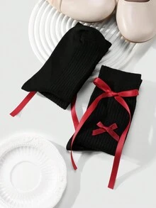 ROMWE Kawaii 1 双复古甜美前卫时尚修身哥特式风格柔软温暖黑色垂直条纹和酒红色蝴蝶结 JK 过膝袜，带防滑硅胶，适合女性日常装扮，礼盒包装 - 黑色 - 查看 7