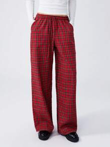 LYSMO 1 pieza Pantalones casuales con atar al frente a cuadros navideños para uso diario de mujer