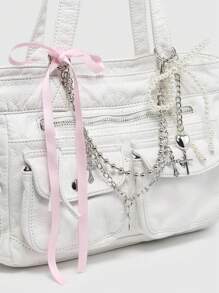 ROMWE Kawaii 复古做旧渐变色和心形印花蝴蝶结细节单肩手提包，宽敞的粉色单肩手提包，配有多个口袋 - 白色 - 查看 3