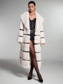 SHEIN BAE 女士纯色拼接简约休闲蓬松外套复古黑白撞色拼接皮革长款皮草大衣保暖亲肤圣诞节女士感恩节女士感恩节 - 杏色 - 查看 5