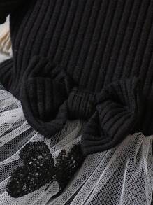 SHEIN Vestido De Niña De Mariposa Bordada Con Capa De Malla Y Borde De Volantes - Negro - Ver 3