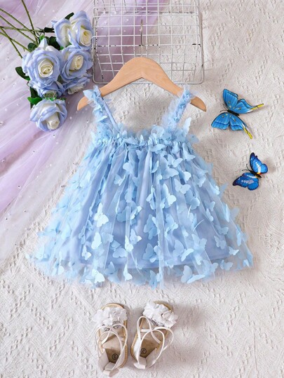 SHEIN Baby Girl Butterfly Applique Mesh Ruffle Trim Sleeveless Dress