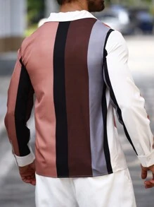 Manfinity Homme 1pc Men's Long Sleeve Front Button Striped Minimalist Color Block Shirt, Casual For Everyday Wear ,Men's Mature Casual Khaki-Brown Coffee-Colored Vertical Striped Contrast Long-Sleeve Shirt ,Button Up Shirt, For Going Out, Husband