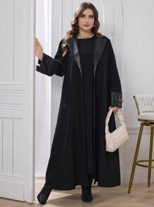 Al Najma 女式加大码翻领长袖阿拉伯简约休闲开襟长袍 Abaya，适合日常休闲/工作 - 黑色 - 查看 4