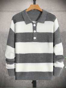 Claim Dot Men's Button-Up Front Long Sleeve Stripe Minimalist Casual Color Block Urban Sweater, For Friends