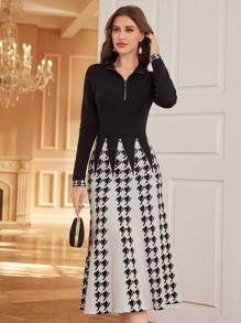 Modelyn 1 chiếc váy len dệt kim dài tay màu khối khóa kéo phía trước cho nữ - Đen và trắng - Xem 6