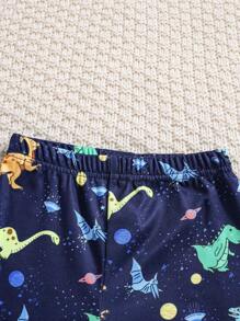 SHEIN 3pcs/Set Boy Snug Fit Fluorescent Cartoon Dinosaur Print Round Neck Long Sleeve Top And Pants & Throw Blanket Casual Comfortable Sleepwear Set - Black - View 4