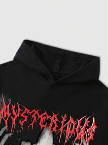 ROMWE MEN Goth 2pcs Men Letter & Figure Print Hoodie Sweatshirt And Drawstring Sweatpants Tracksuit - Black - View 5