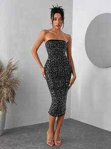 SHEIN SXY Casual Solid Knit Mesh Rhinestone Decor Slim Fitted Midi Dress For Women - Black - View 1