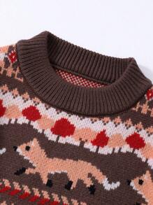 SHEIN 2pcs Girls Autumn/Winter Knitted Loose Maple Leaf & Geometric Pattern Sweater And Pleated Mini Skirt Set