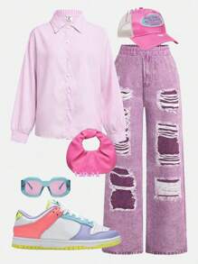 SHEIN 2 件套青少年（女孩）条纹衬衫和印花裤休闲筒裙裤装，日常穿着 - 粉色 - 查看 1