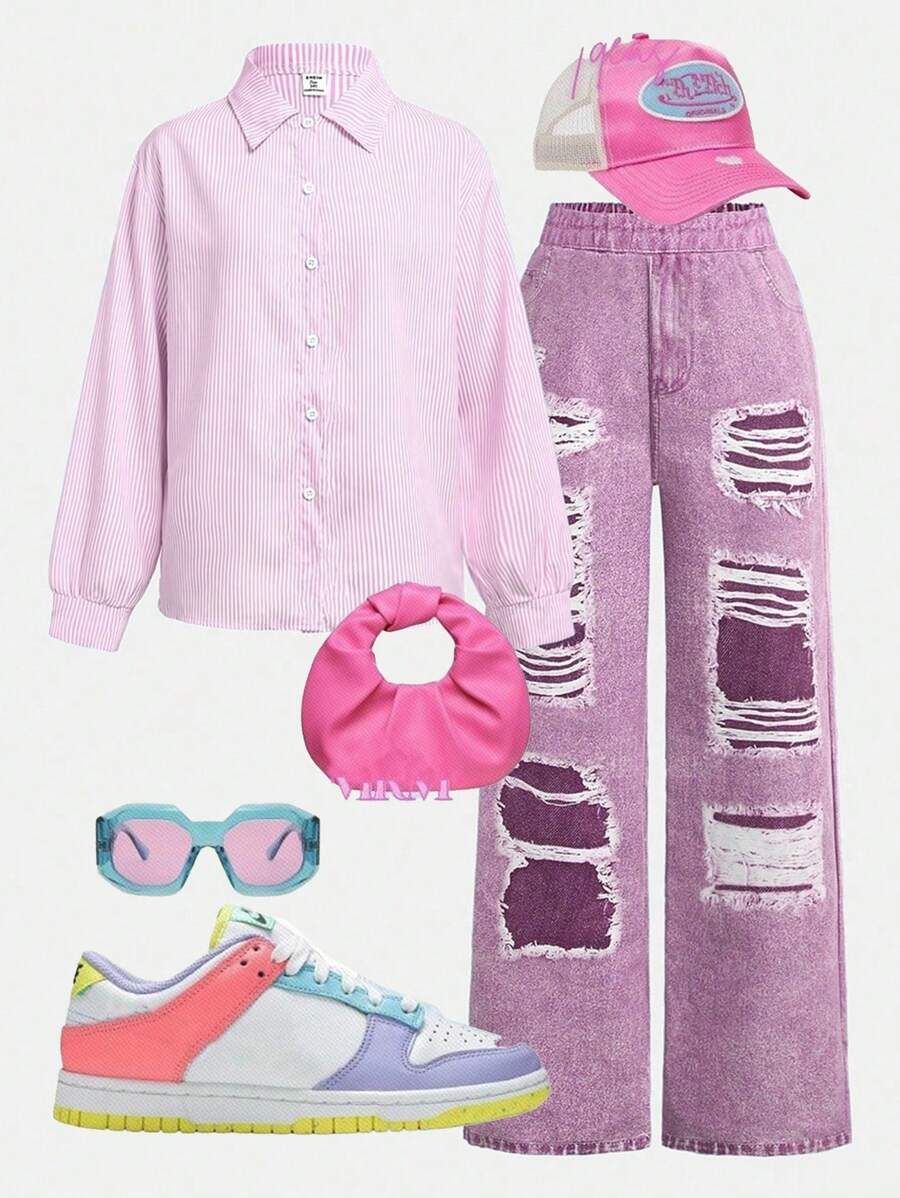 SHEIN 2 件套青少年（女孩）条纹衬衫和印花裤休闲筒裙裤装，日常穿着 - 粉色 - 查看 1