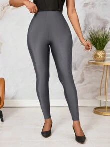SHEIN Lady Leggings elásticos verdes con efecto reflectante para mujeres - Gris Oscuro - Ver 4