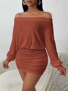 SHEIN SXY 1 件女式露肩纯色长袖简约褶皱下摆短裙 - 棕色 - 查看 8