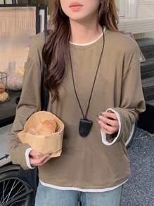 DAZY 女士撞色二合一休闲宽松长袖T恤，秋季服装 - 杏色 - 查看 2