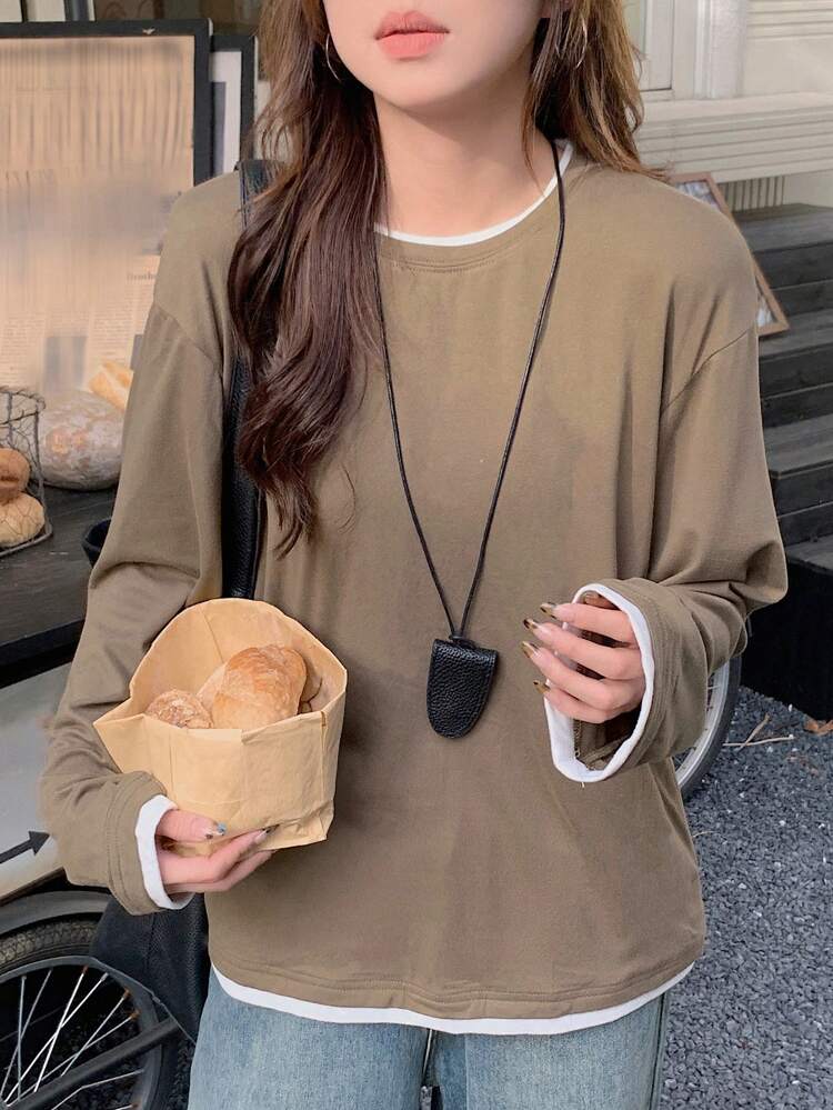Women Contrast Color 2 In 1 Casual Loose Long Sleeve T-Shirt,Fall Clothes