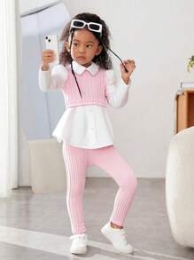 SHEIN Sparklyn 2pcs Young Girl Ribbed Colorblock Long Sleeve Top And Pink Long Pants Set - Baby Pink - View 6