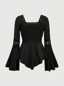 ROMWE Goth 哥特式蕾丝收腰不对称下摆喇叭袖女式衬衫，情人节 - 黑色 - 查看 2