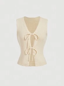 SHEIN MOD Women's Bowknot Knit V-Neck Sleeveless Front Tie Sweater Vest Top