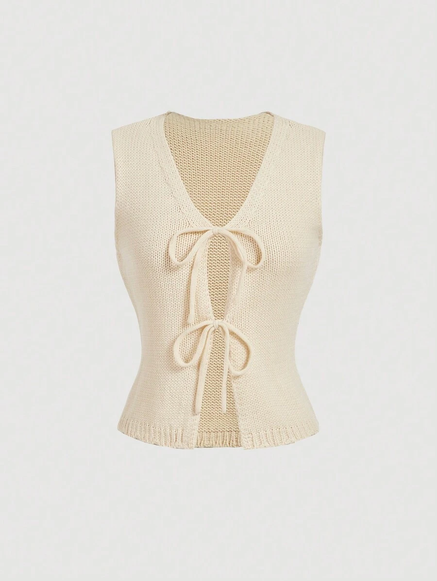 SHEIN MOD Women's Bowknot Knit V-Neck Sleeveless Front Tie Sweater Vest Top