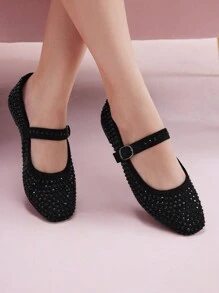 CUCCOO DOLLMOD Women's Fashion Black Mary Jane Rhinestoned Flats, Commuting, Dating, Party, Holiday, Campus, Sweet For And Vibe And Spring Shoes Spring Break Easter For Christmas Spring Shoes - Black - View 5
