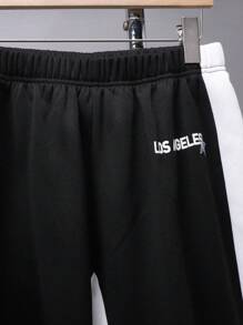 SHEIN 2 件套青少年男孩休闲朋克哥特街头风格星星和火焰印花黑色连帽衫运动衫和黑色运动裤套装，秋冬春季，适合情人节 - 黑色 - 查看 8